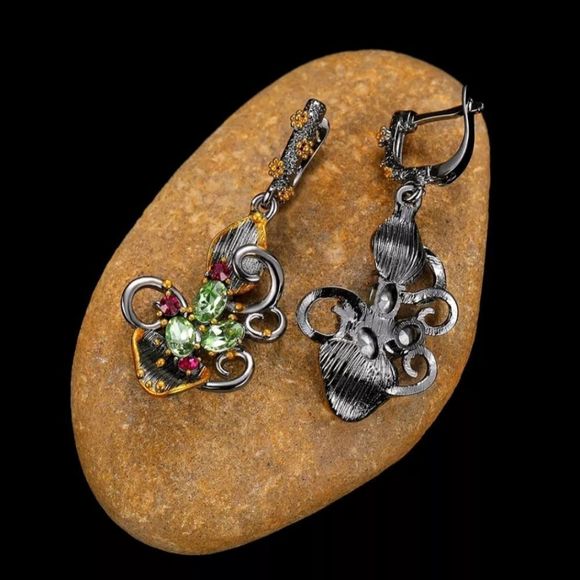 Gold leaf black titanium boho branch peridot garnet earrings new - Picture 2 of 5